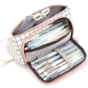 Simple Plaid Pencil Case Multi Layer Large Capacity Cosmetic Travel Storage Bag Stationary Pen Storage Bag Student Pencil Case
