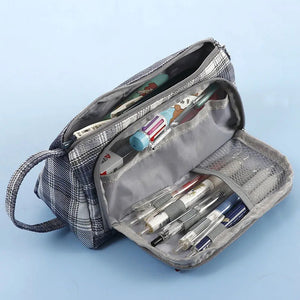 Simple Plaid Pencil Case Multi Layer Large Capacity Cosmetic Travel Storage Bag Stationary Pen Storage Bag Student Pencil Case