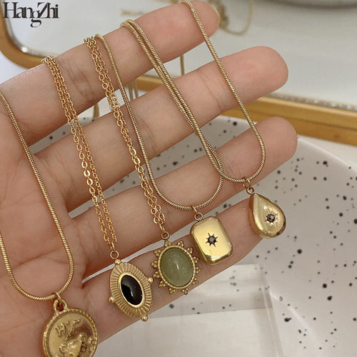 HangZhi 2021 New Korean Vintage Water Drop Star Round Bear Oval Pendant Necklace Geometric Gold Color Titanium Steel Jewelry