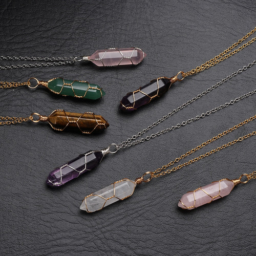 2022 Hexagonal Cylindrical Crystal Necklace Natural Stone Pendant Wire Wrap Stone Necklace for Women Men Fashion Jewelry