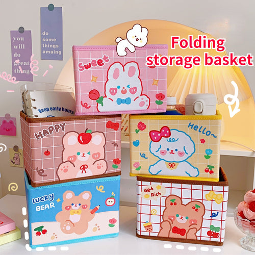 Kawaii PU Fabric Desktop Storage Box Organizer Sweet Cute Bear Rabbit Collapsible Student Mini Storage Boxes Storage Basket Desk