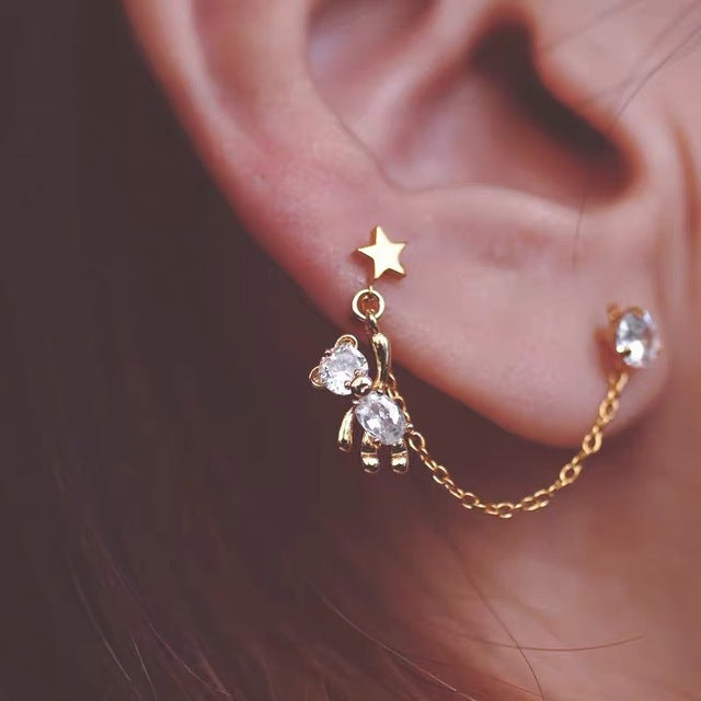 ALLNEWME Cute Shiny Rhinestone Bear Tassel Earrings for Women 2021 Gold Color Chain Star Clip Earrings Statement Korean Jewelry