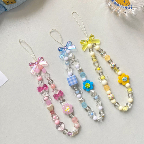 2022 Korean Sweet Colored Flower Heart Beaded  Mobile Phone Chain Women Girls Cute Cartoon Bear Bowknot Phone Case Lanyard Rope